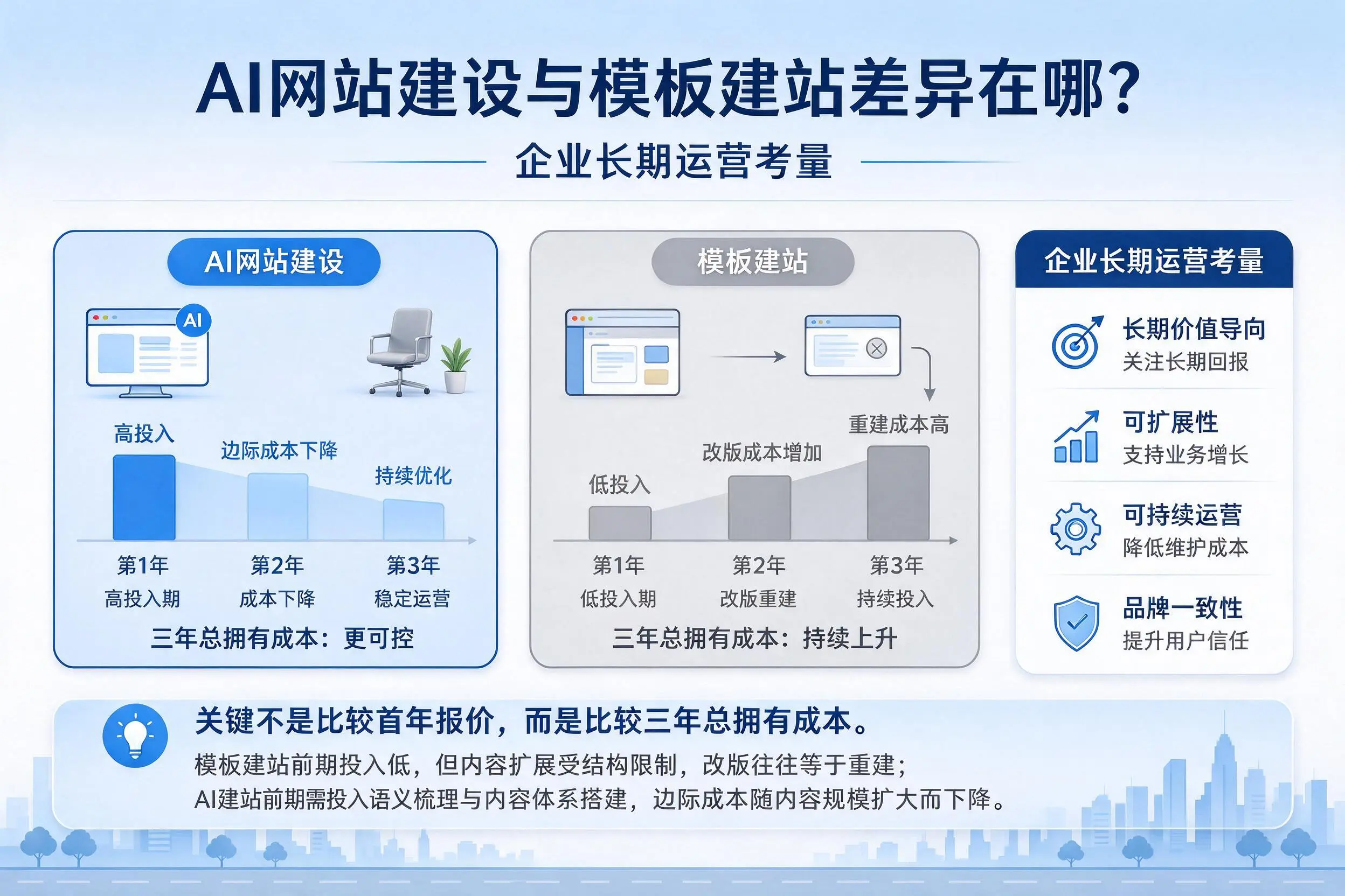 AI网站建设与模板建站差异在哪?秦皇岛企业长期运营考量
