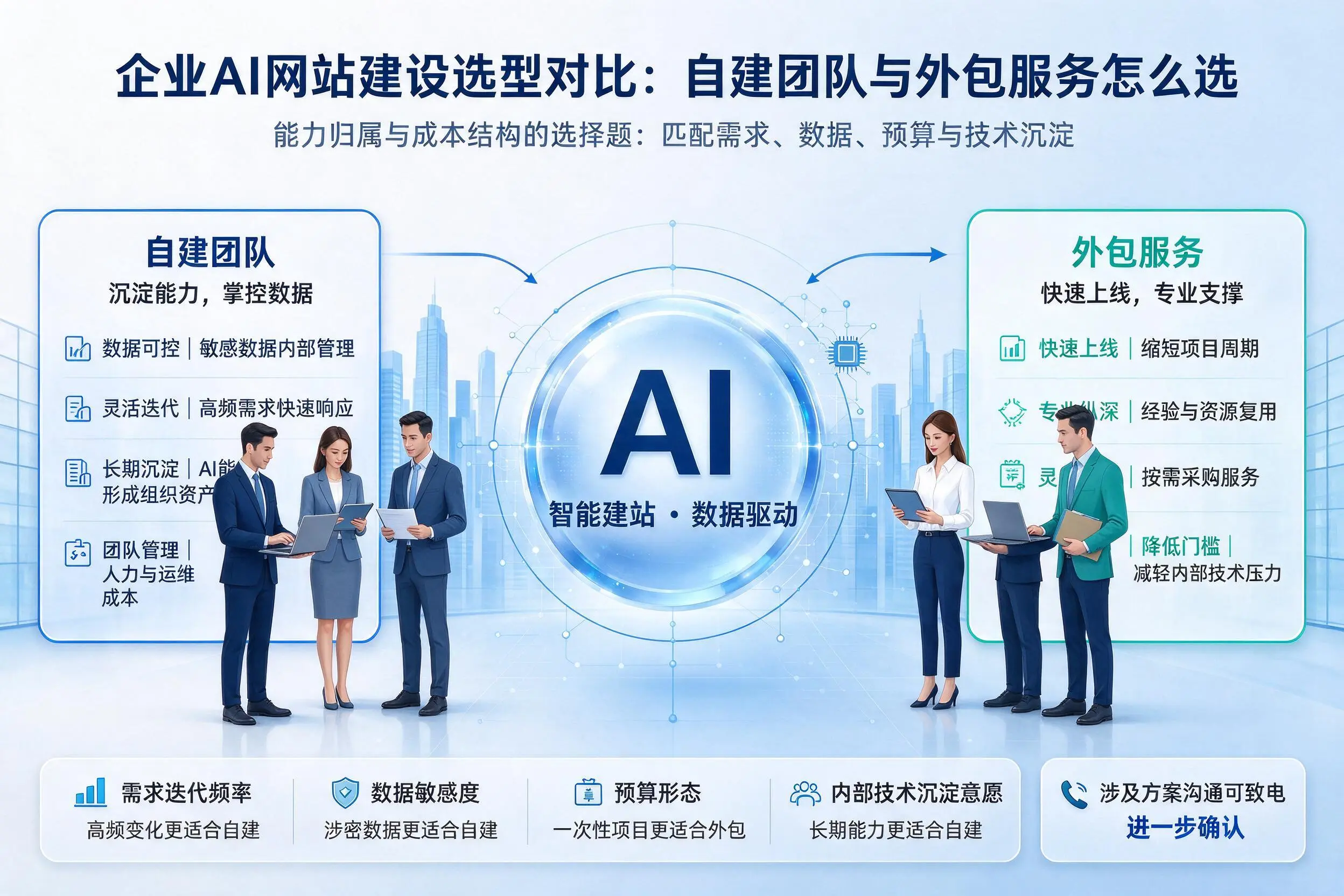 秦皇岛企业AI网站建设选型对比:自建团队与外包服务怎么选